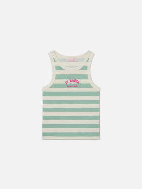 Blue Jr Tank-Top with green and white stripes and embroidered logo