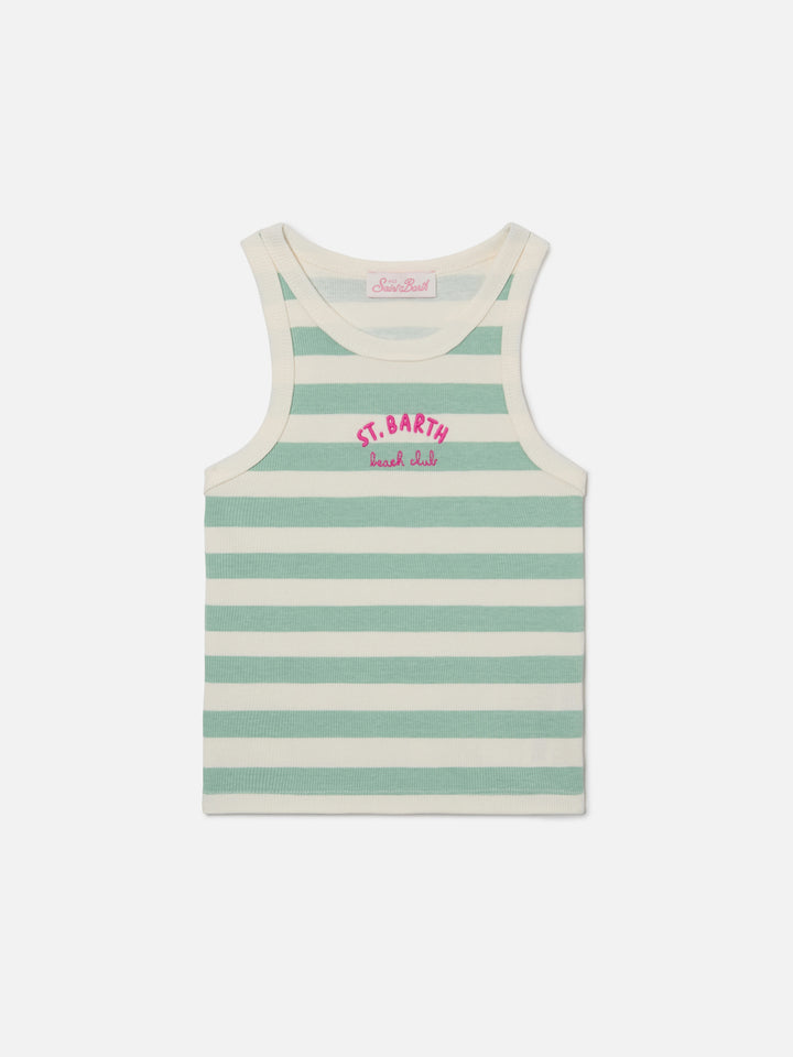 Blue Jr Tank-Top with green and white stripes and embroidered logo
