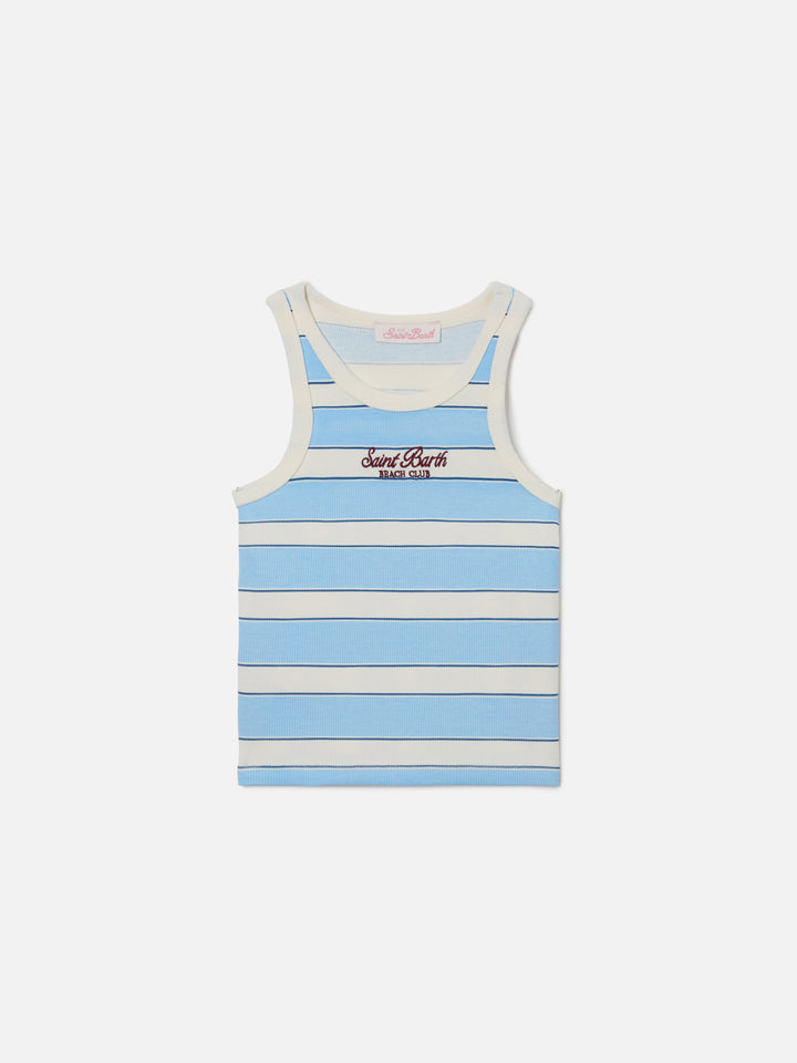 Blue Jr Tank-Top with light blue and cream stripes and embroidered logo