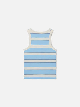Blue Jr Tank-Top with light blue and cream stripes and embroidered logo
