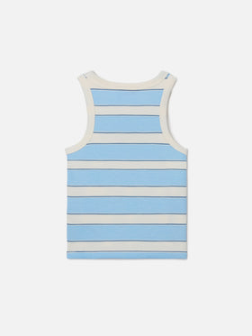 Blaues Blue Jr Tanktop mit hellblauen und cremefarbenen Streifen und gesticktem Logo 