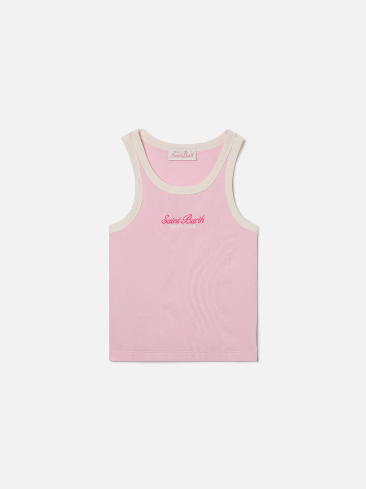 Blue Jr Tank-Top in pink with embroidered logo and cream trims