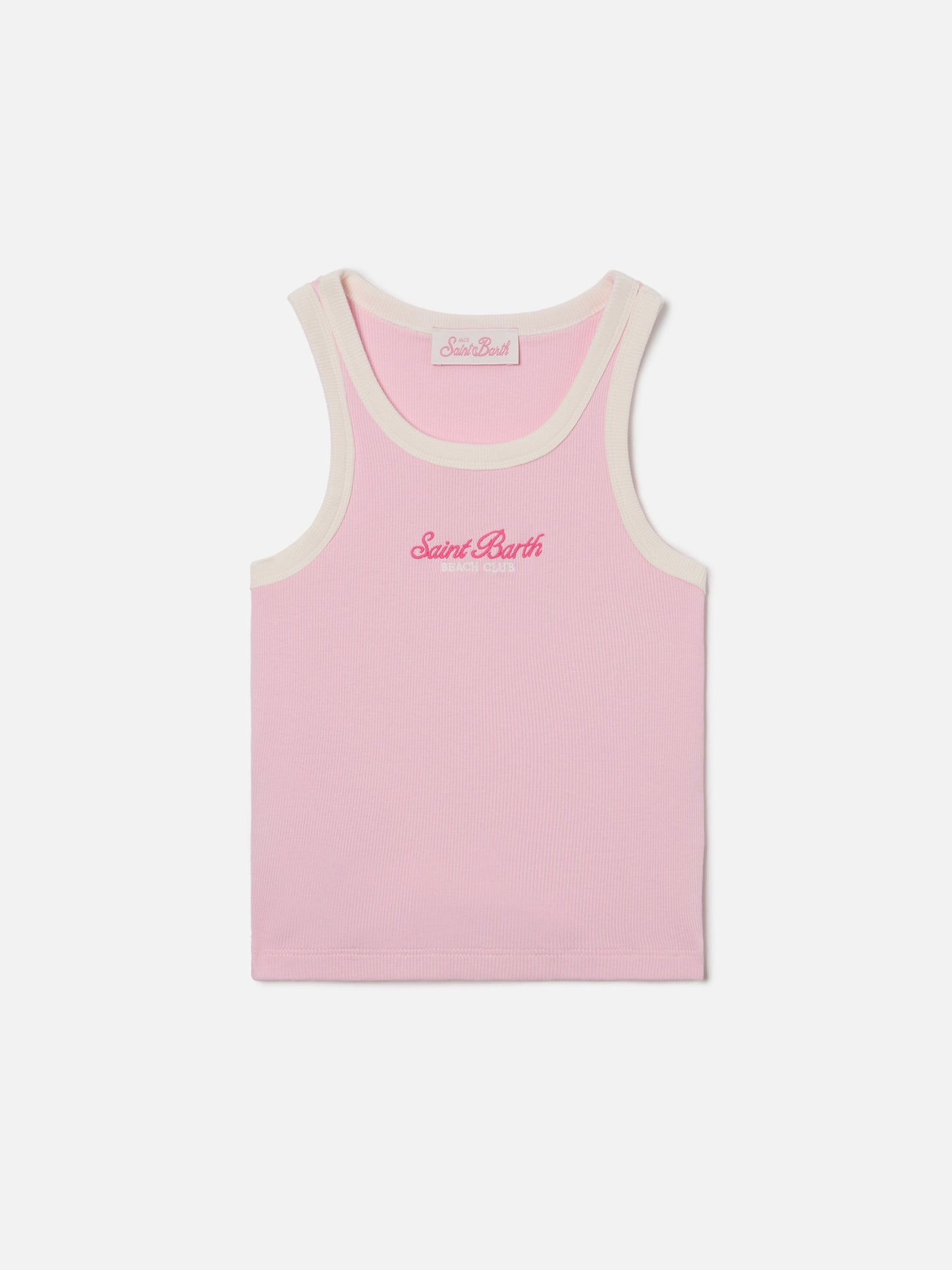 Blue Jr Tank-Top in pink with embroidered logo and cream trims