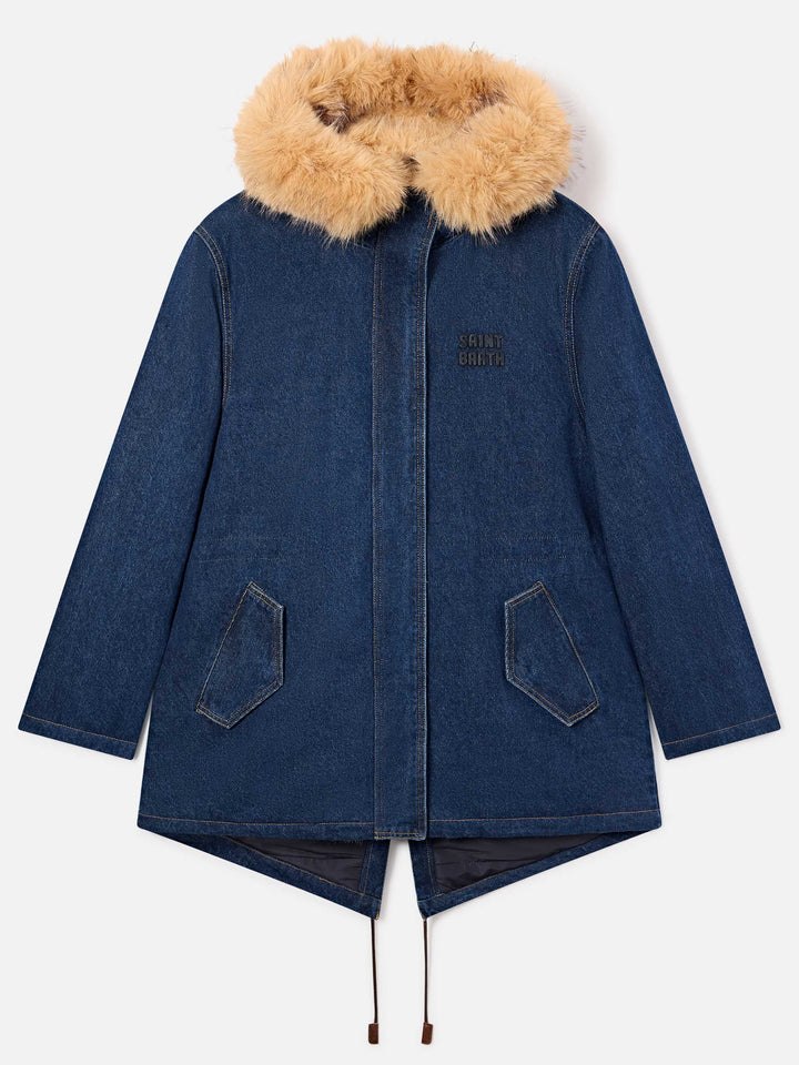 Blue Brenna cotton denim parka with faux fur hood