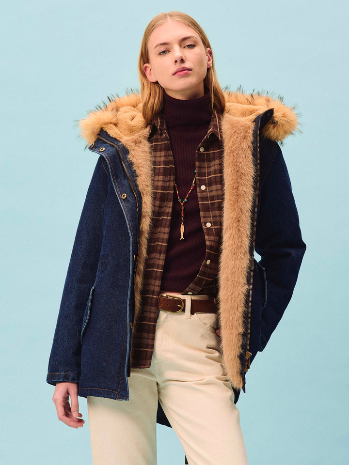 Blue Brenna Parka aus Baumwoll-Denim mit Kapuze aus Kunstpelz 