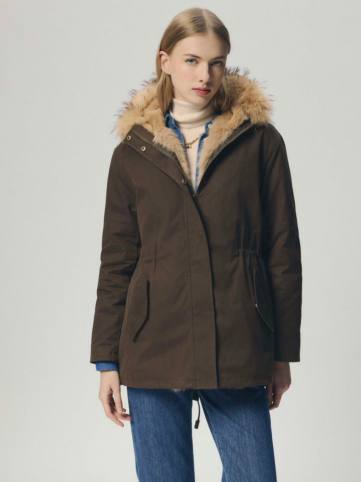 Parka cirée Brenna en mélange de coton vert militaire avec capuche en fausse fourrure 