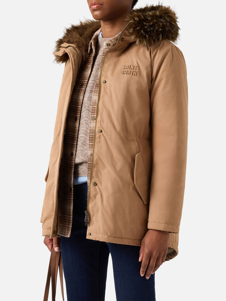 Parka encerada Brenna beige en mezcla de algodón con capucha de piel sintética 