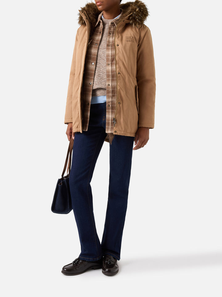 Parka encerada Brenna beige en mezcla de algodón con capucha de piel sintética 