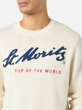 Man white sweater Bombardino with St. Moritz Top of the World print | ST. MORITZ TOP OF THE WORLD SPECIAL EDITION