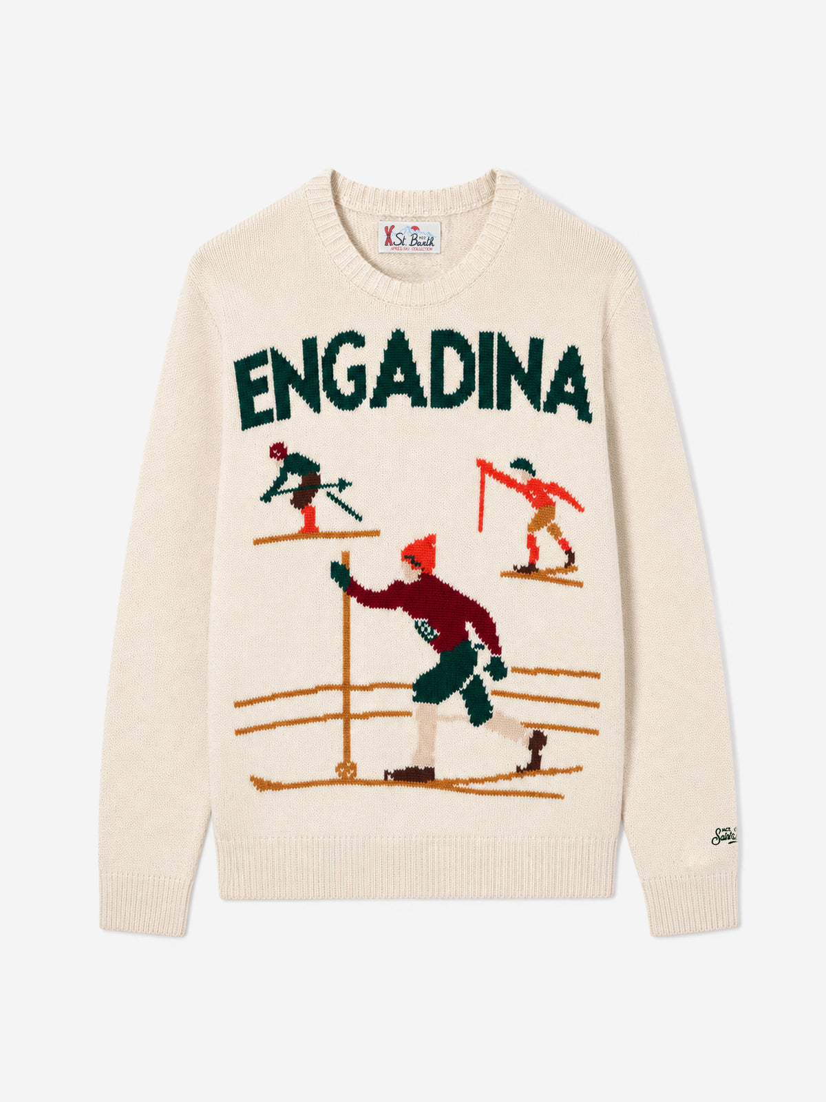 Weißer Pullover Bombardino Light mit Engadina-Skifahrer-Jacquard 