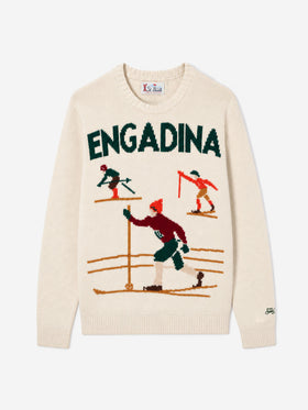 Weißer Pullover Bombardino Light mit Engadina-Skifahrer-Jacquard 