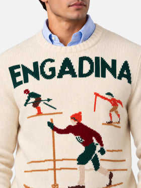Weißer Pullover Bombardino Light mit Engadina-Skifahrer-Jacquard 