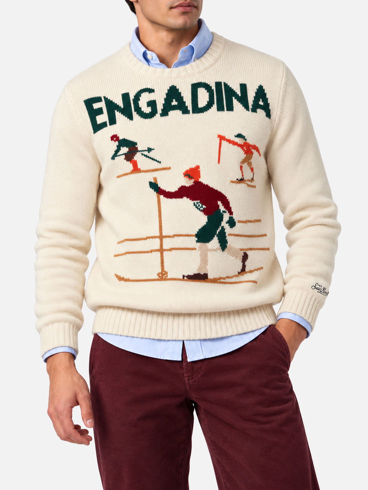 Weißer Pullover Bombardino Light mit Engadina-Skifahrer-Jacquard 