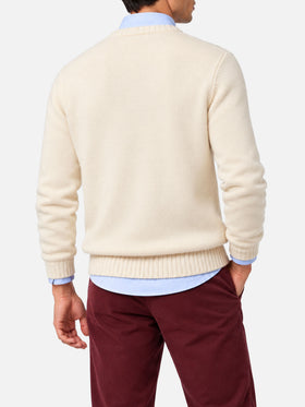 Weißer Pullover Bombardino Light mit Engadina-Skifahrer-Jacquard 