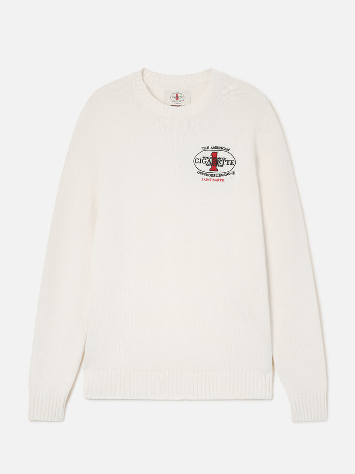 Cremefarbener Bombardino Light Strickpullover mit Rundhalsausschnitt und Cigarette Stickerei auf der Rückseite | Special edition 
