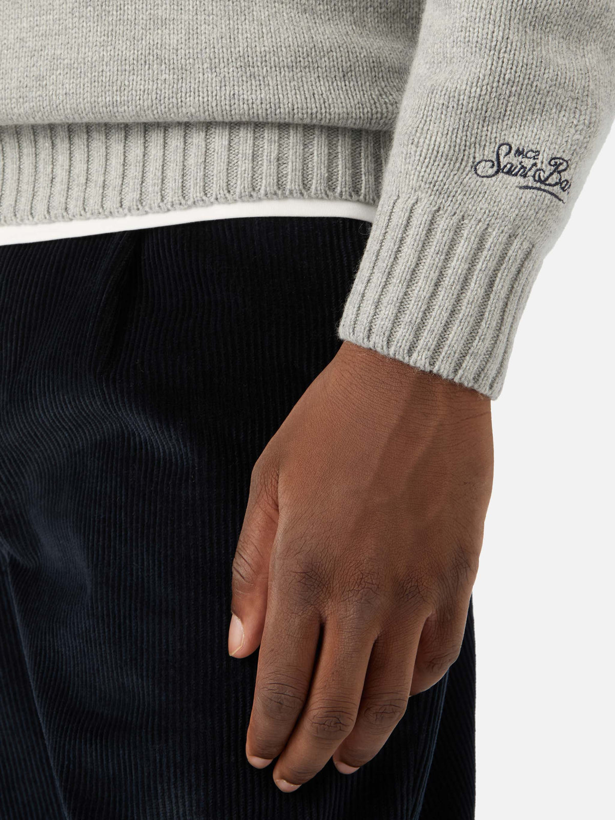 Grey Bombardino Light crewneck knit with Après Ski intarsia and embroidery