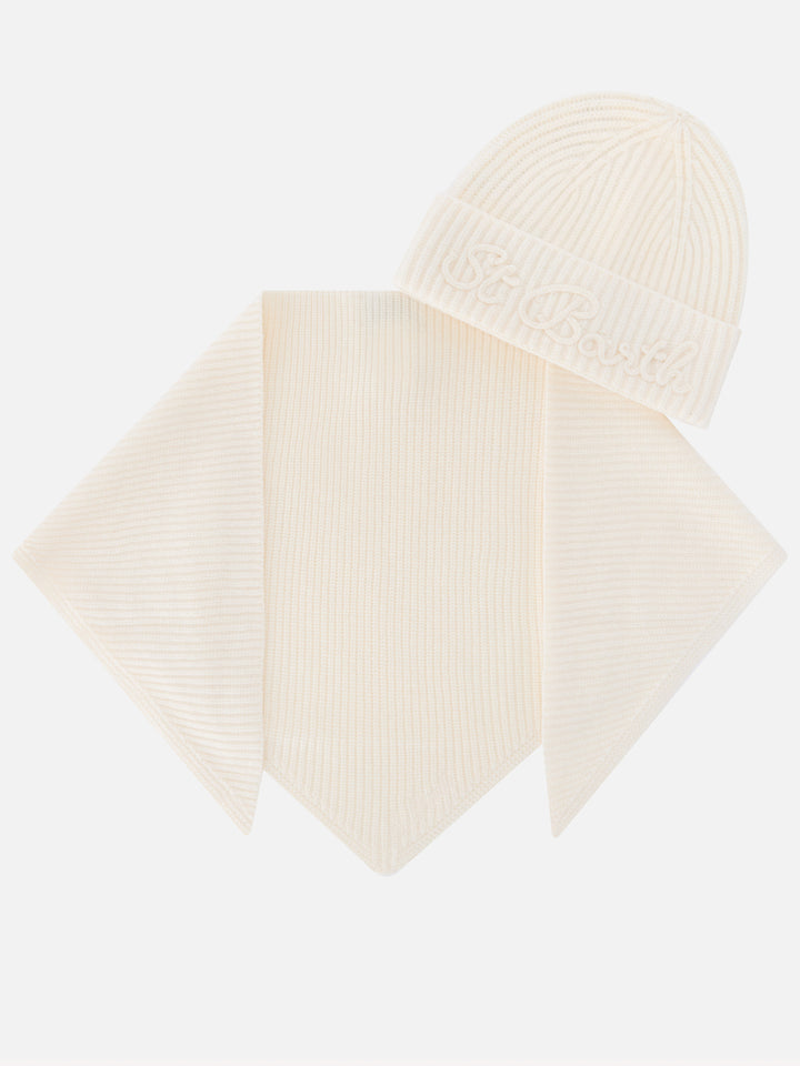 Set aus wollweißer Mütze und Kapuzenschal aus Wolle 