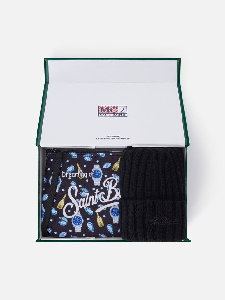 Set mit Pochette mit Austern- und Uhren-Print und schwarzer Beanie 
