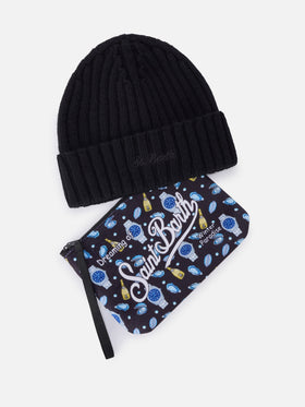 Pochette with oysters and watches print and black beanie set