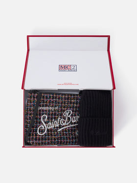 Black tweed pochette and black beanie set