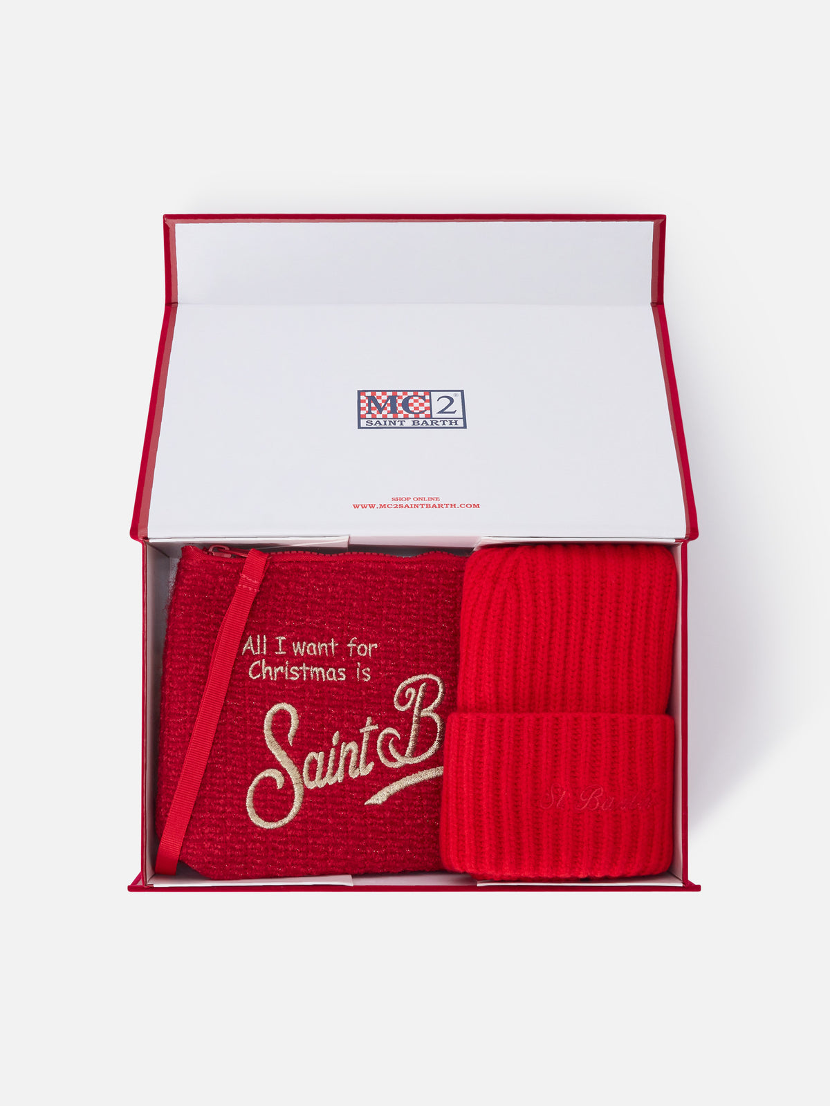 Conjunto con Pochette, bordado Merry Christmas y gorro rojo 