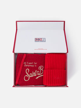 Conjunto con Pochette, bordado Merry Christmas y gorro rojo 