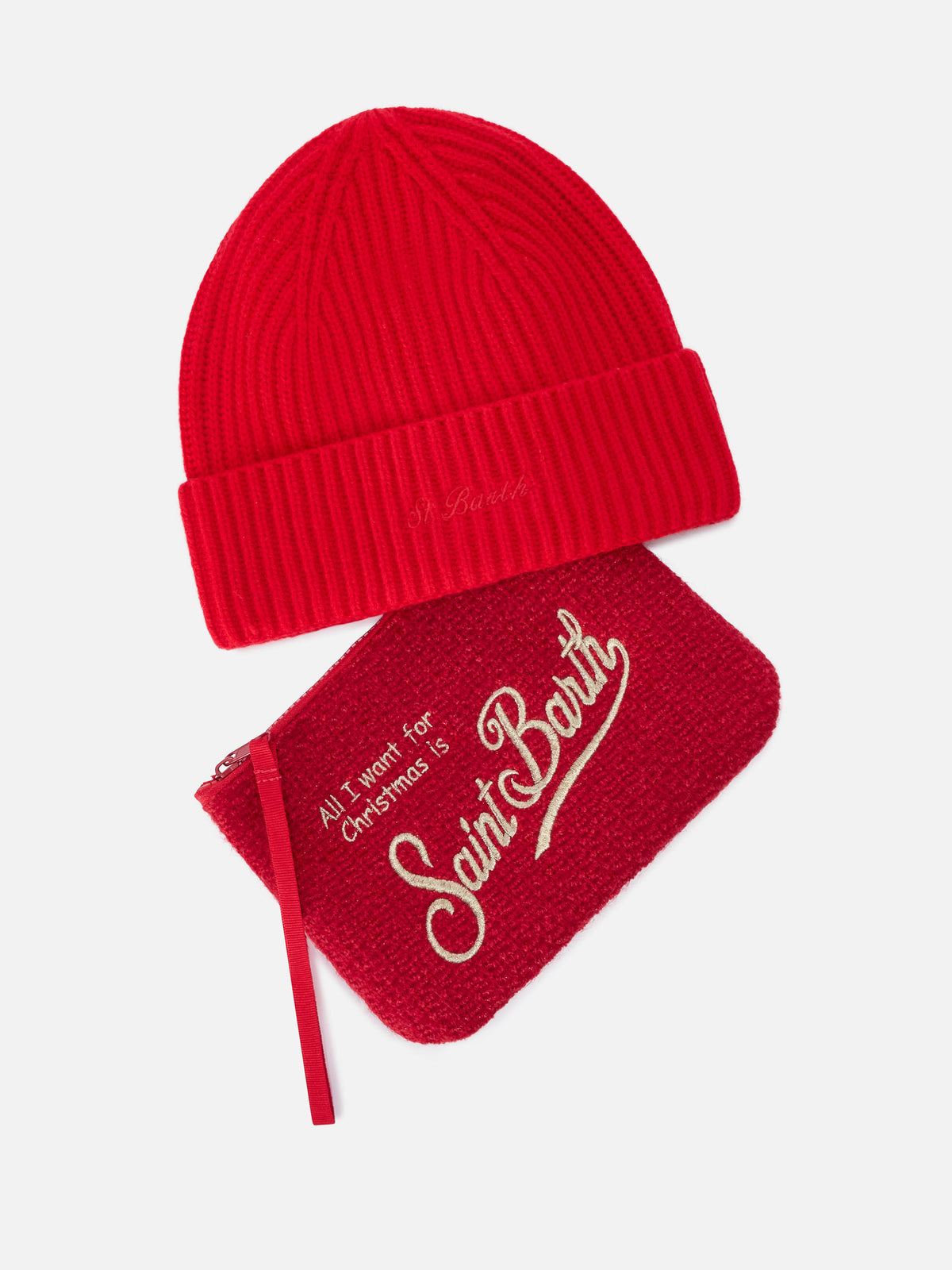 Conjunto con Pochette, bordado Merry Christmas y gorro rojo 