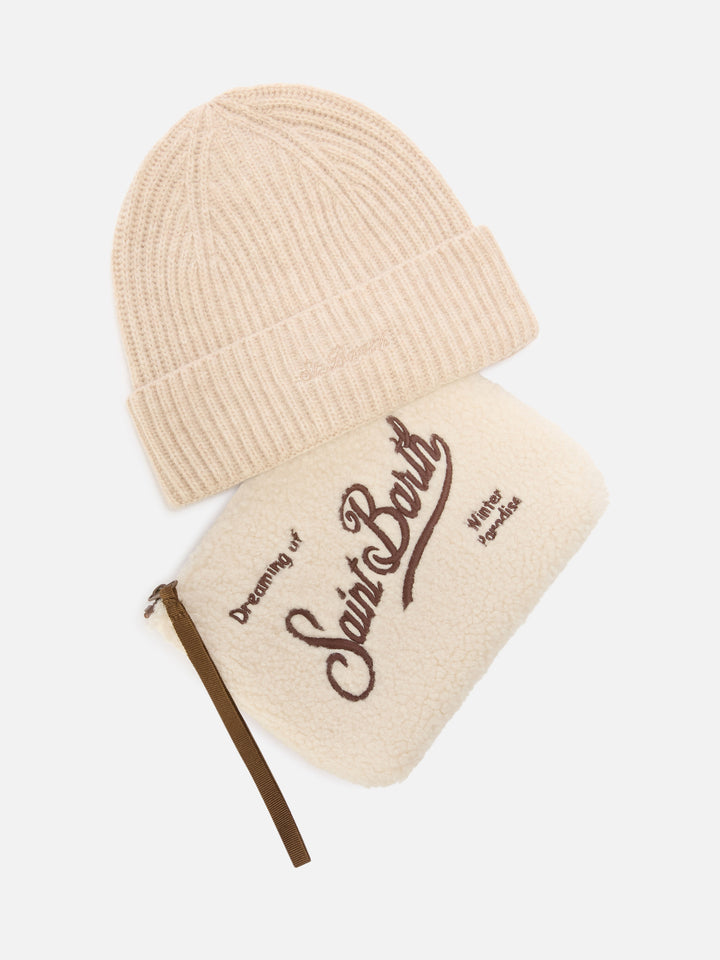 Set aus beigem Teddy pochette und beiger Beanie 