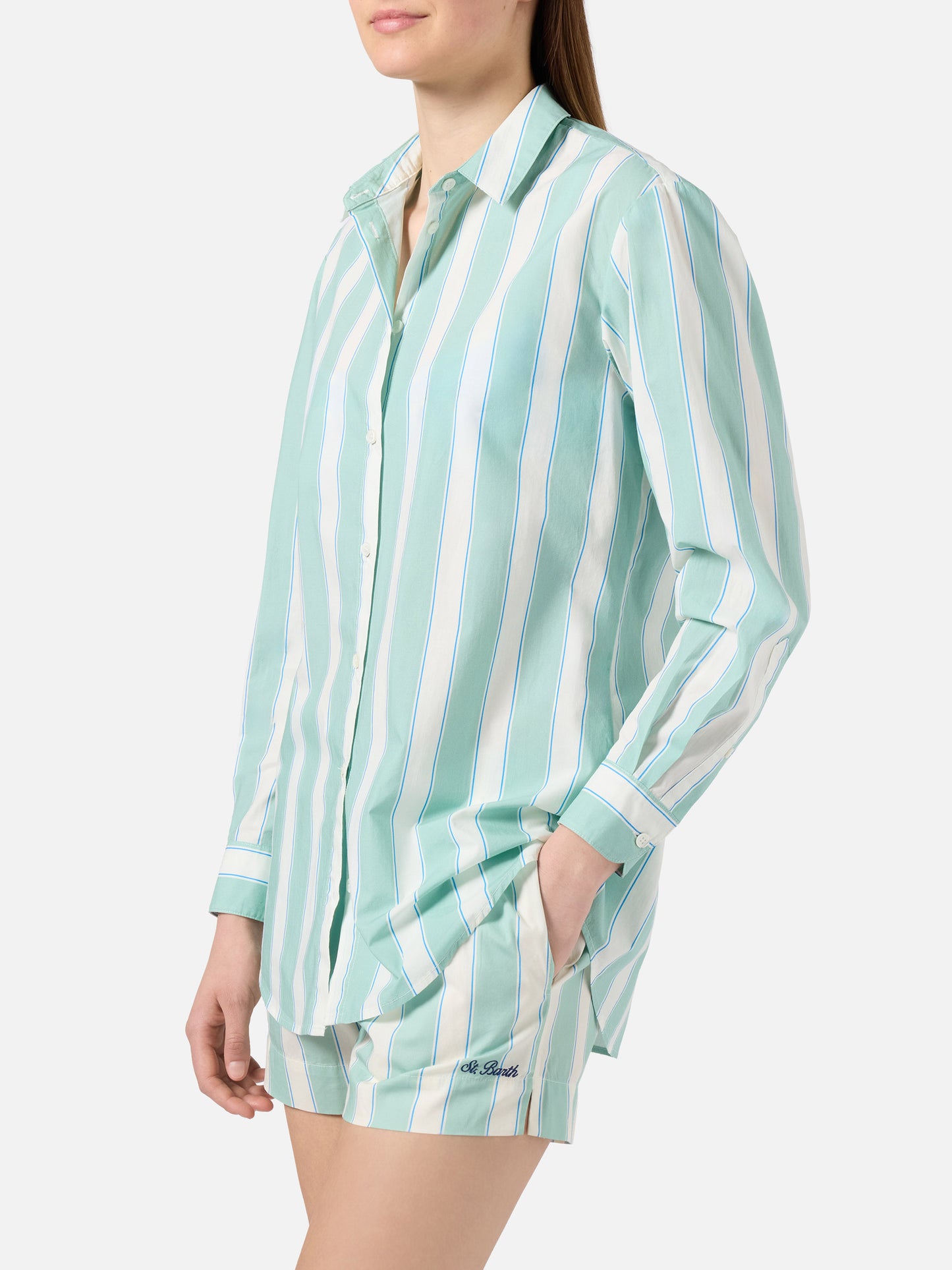 Brigitte cotton shirt with green stripes and Sport Club embroidery
