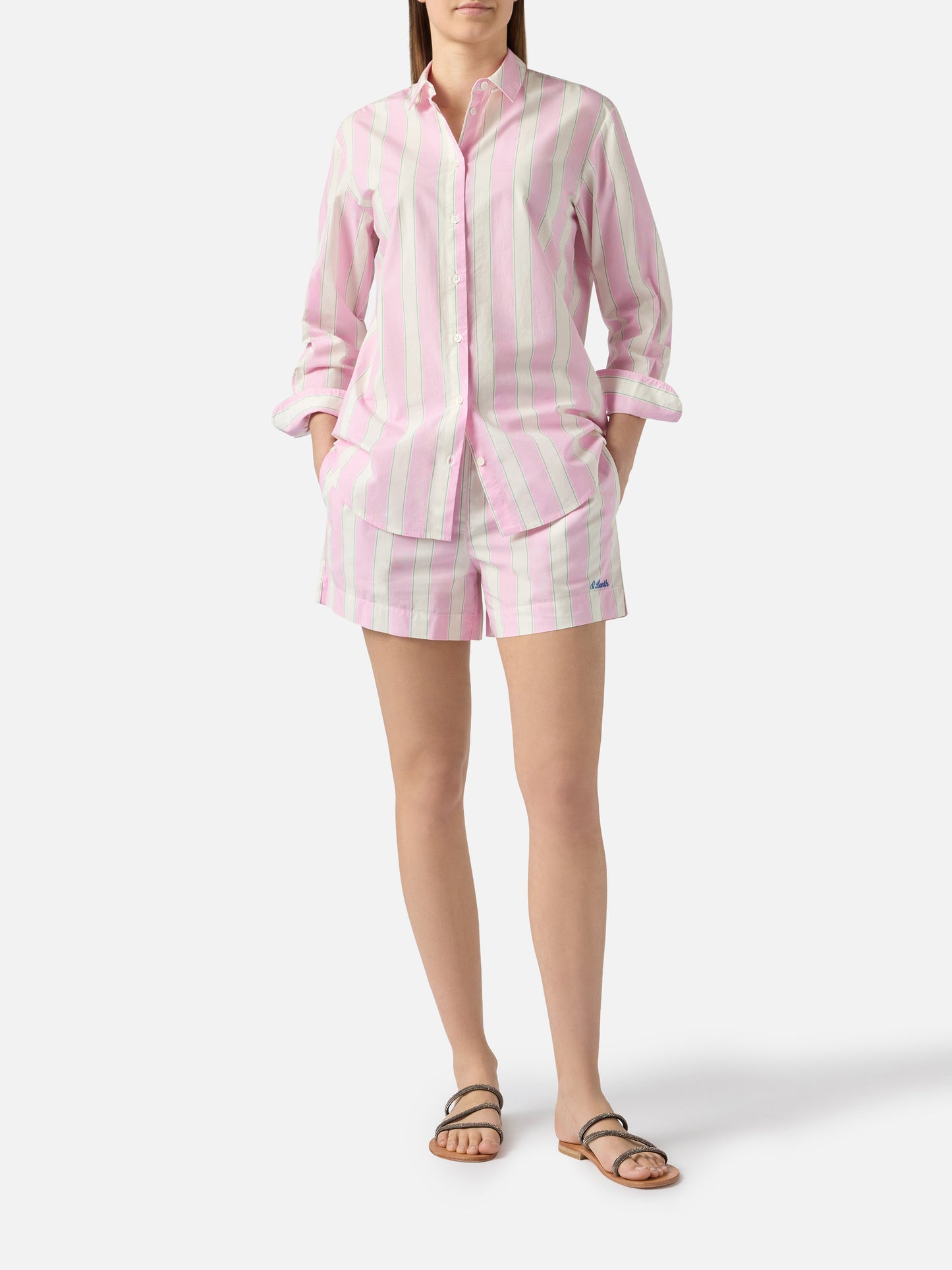 Brigitte cotton shirt with pink stripes and Sport Club embroidery