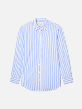 Brigitte cotton shirt with light blue stripes and Bollicine Please! Embroidery