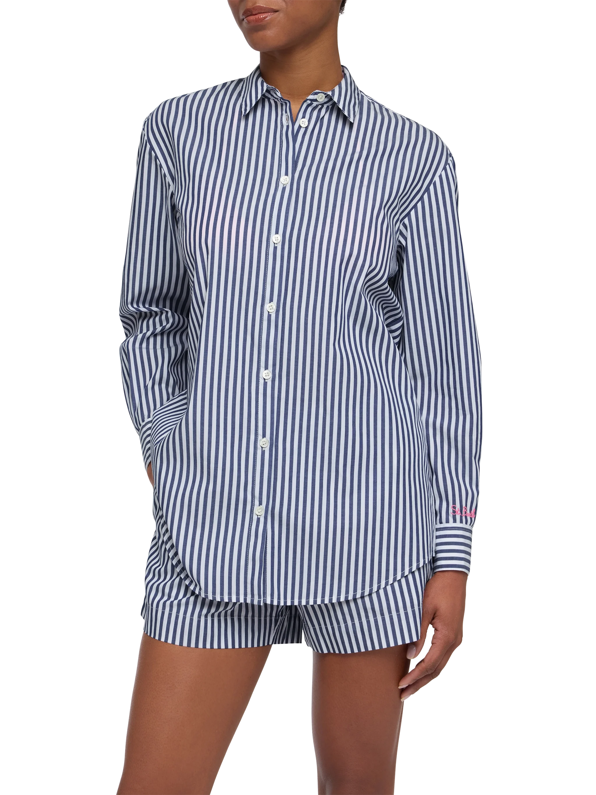 Brigitte striped-print cotton shirt with Saint Barth beach Brigitte striped-print cotton shirt with Saint Barth beach