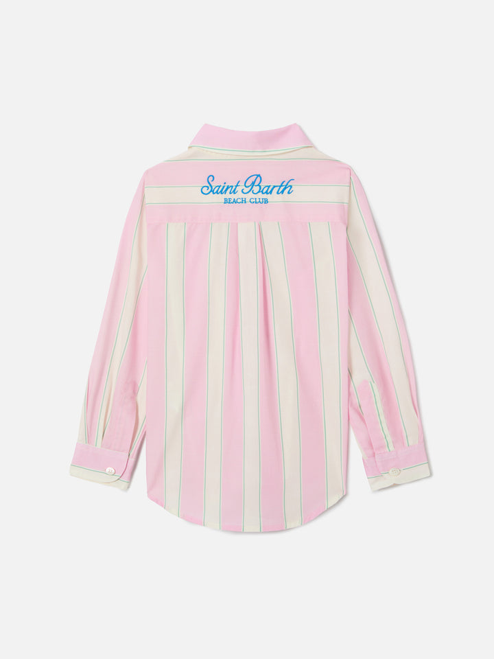 Camisa Mini Brigitte en popelina de algodón a rayas en blanco, rosa y verde 