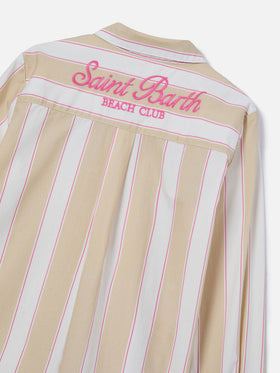 Camicia Mini Brigitte in popeline di cotone a righe beige, bianche e rosa
