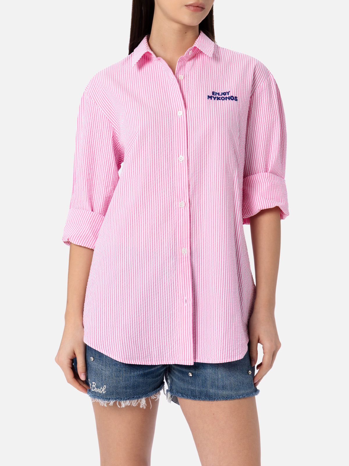Woman striped seeruscker cotton over shirt Brigitte with front and back Mykonos embroidery - MC2 Saint Barth