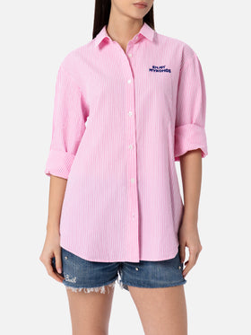 Woman striped seeruscker cotton over shirt Brigitte with front and back Mykonos embroidery - MC2 Saint Barth