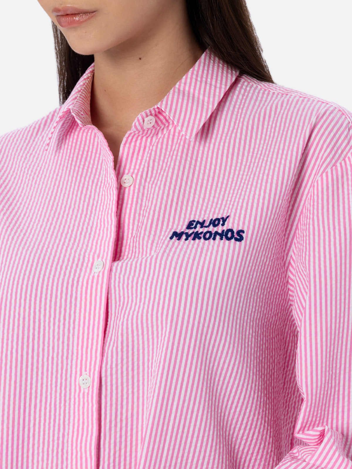 Woman striped seeruscker cotton over shirt Brigitte with front and back Mykonos embroidery - MC2 Saint Barth
