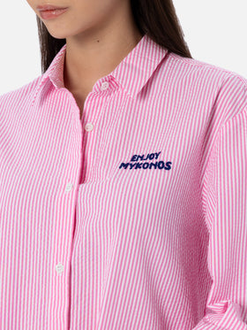 Woman striped seeruscker cotton over shirt Brigitte with front and back Mykonos embroidery - MC2 Saint Barth