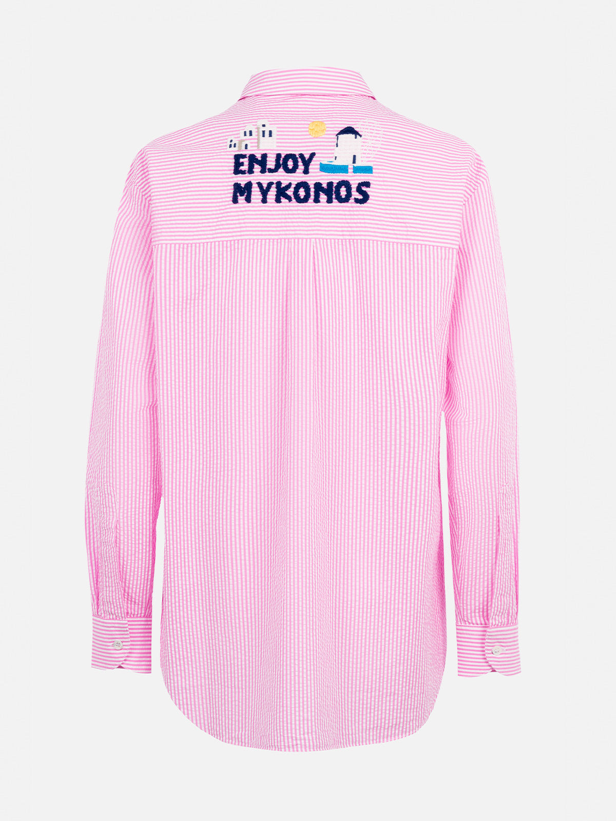 Woman striped seeruscker cotton over shirt Brigitte with front and back Mykonos embroidery - MC2 Saint Barth