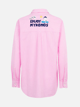 Woman striped seeruscker cotton over shirt Brigitte with front and back Mykonos embroidery - MC2 Saint Barth