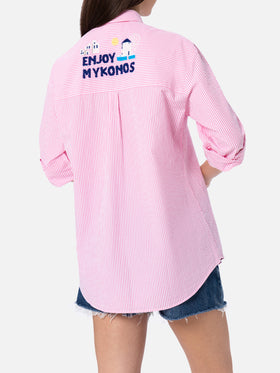 Woman striped seeruscker cotton over shirt Brigitte with front and back Mykonos embroidery - MC2 Saint Barth
