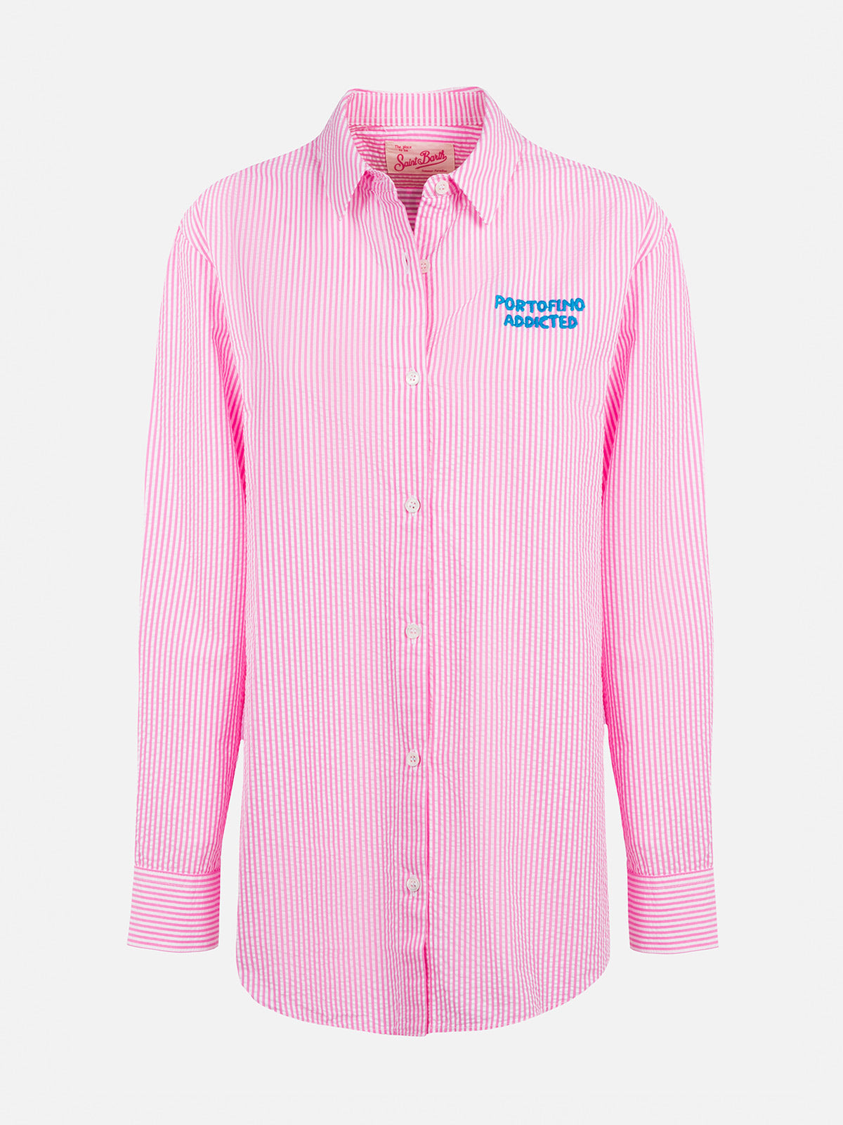 Woman striped seeruscker cotton over shirt Brigitte with front and back Mykonos embroidery - MC2 Saint Barth