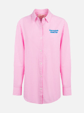 Woman striped seeruscker cotton over shirt Brigitte with front and back Mykonos embroidery - MC2 Saint Barth