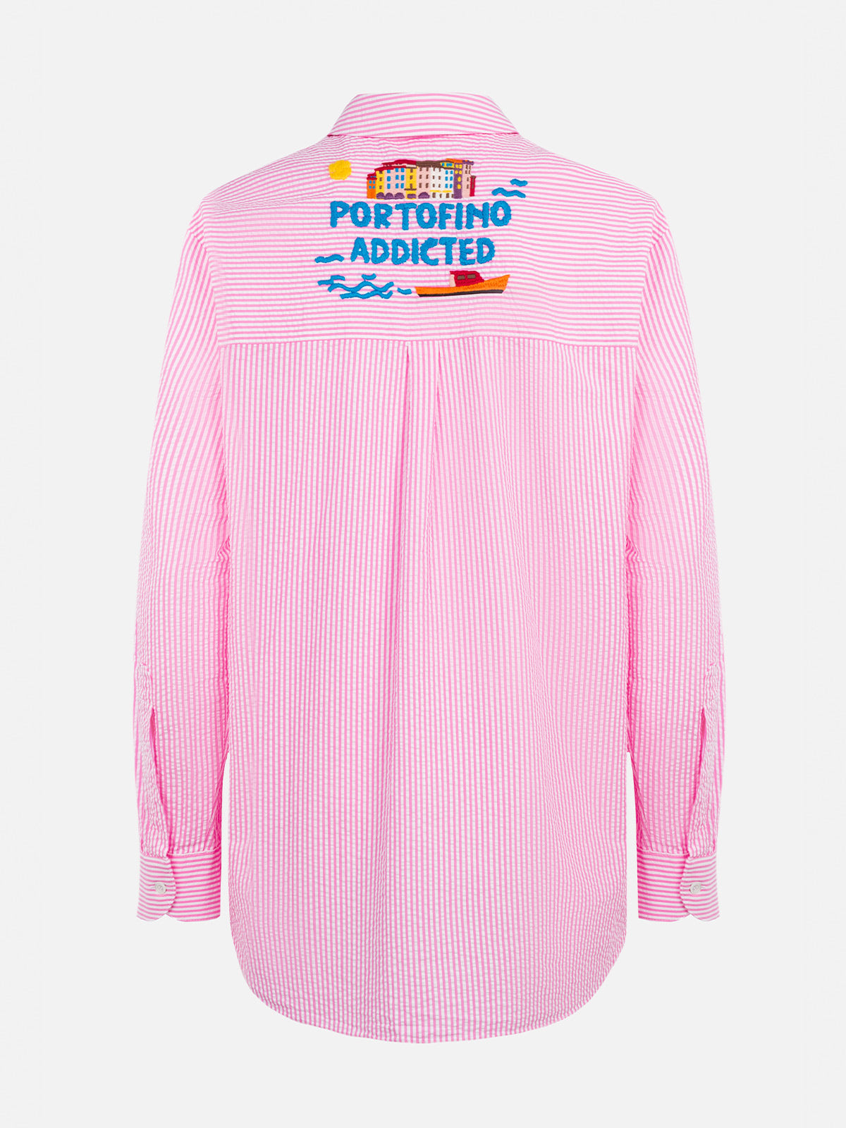 Woman striped seeruscker cotton over shirt Brigitte with front and back Mykonos embroidery - MC2 Saint Barth