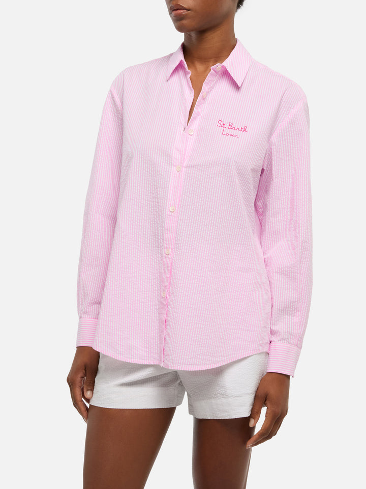 Brigitte gestreiftes Seersucker-Hemd mit Snoopy-Print