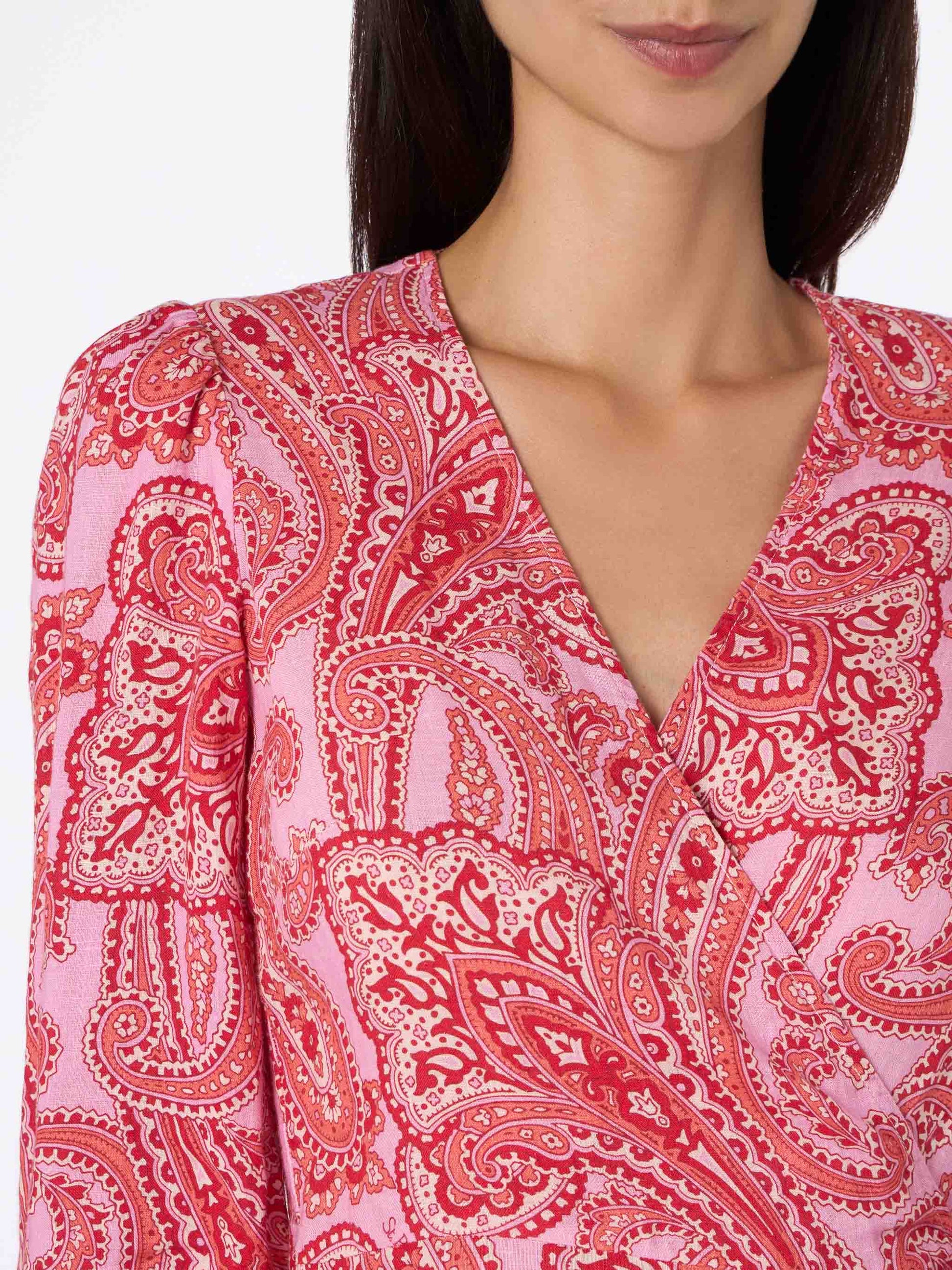 Linen Short Wrap Dress Brilly with Paisley Print Linen Short Wrap Dress Brilly with Paisley Print