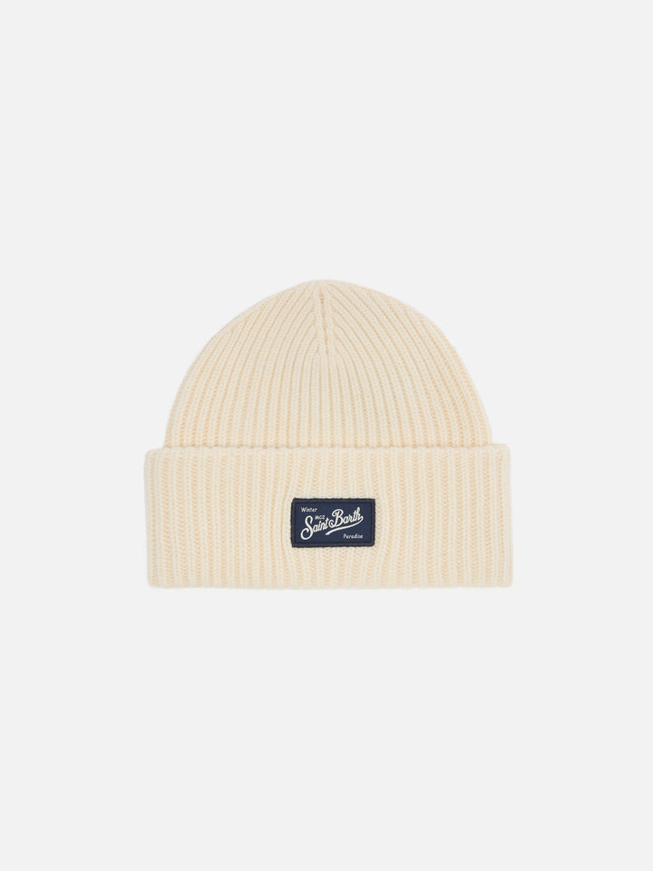 Berry Jr ribbed cashmere-blend beanie in white with St. Barth embroidery
