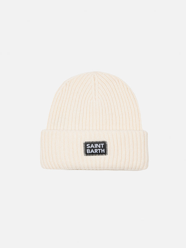 White Berry ribbed knit beanie for kid with Saint Barth patch