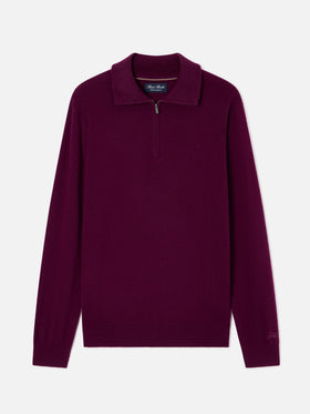 Burgunderroter Buck Kaschmir-Strickpullover mit Halbzip 