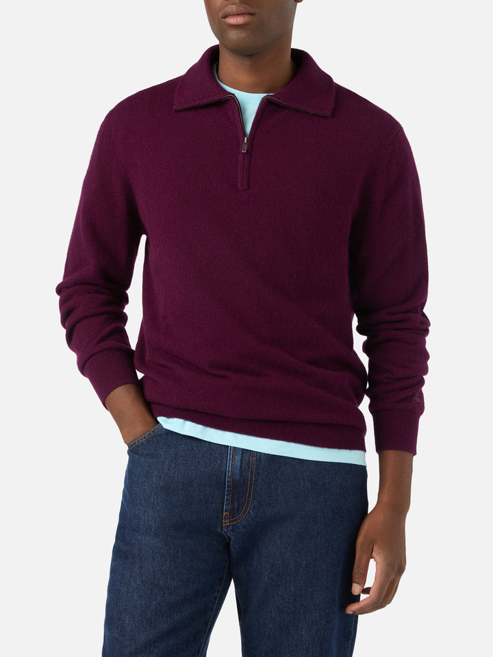 Burgunderroter Buck Kaschmir-Strickpullover mit Halbzip 